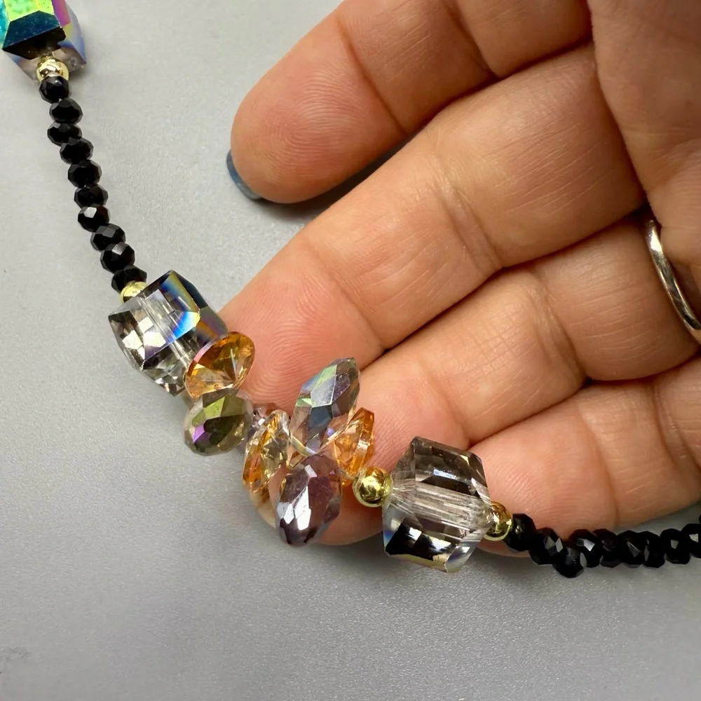 Layered Necklace Rhinestone Black Lavender Crystal Bead Hi-Lo Handmade Designer - Picture 6 of 10